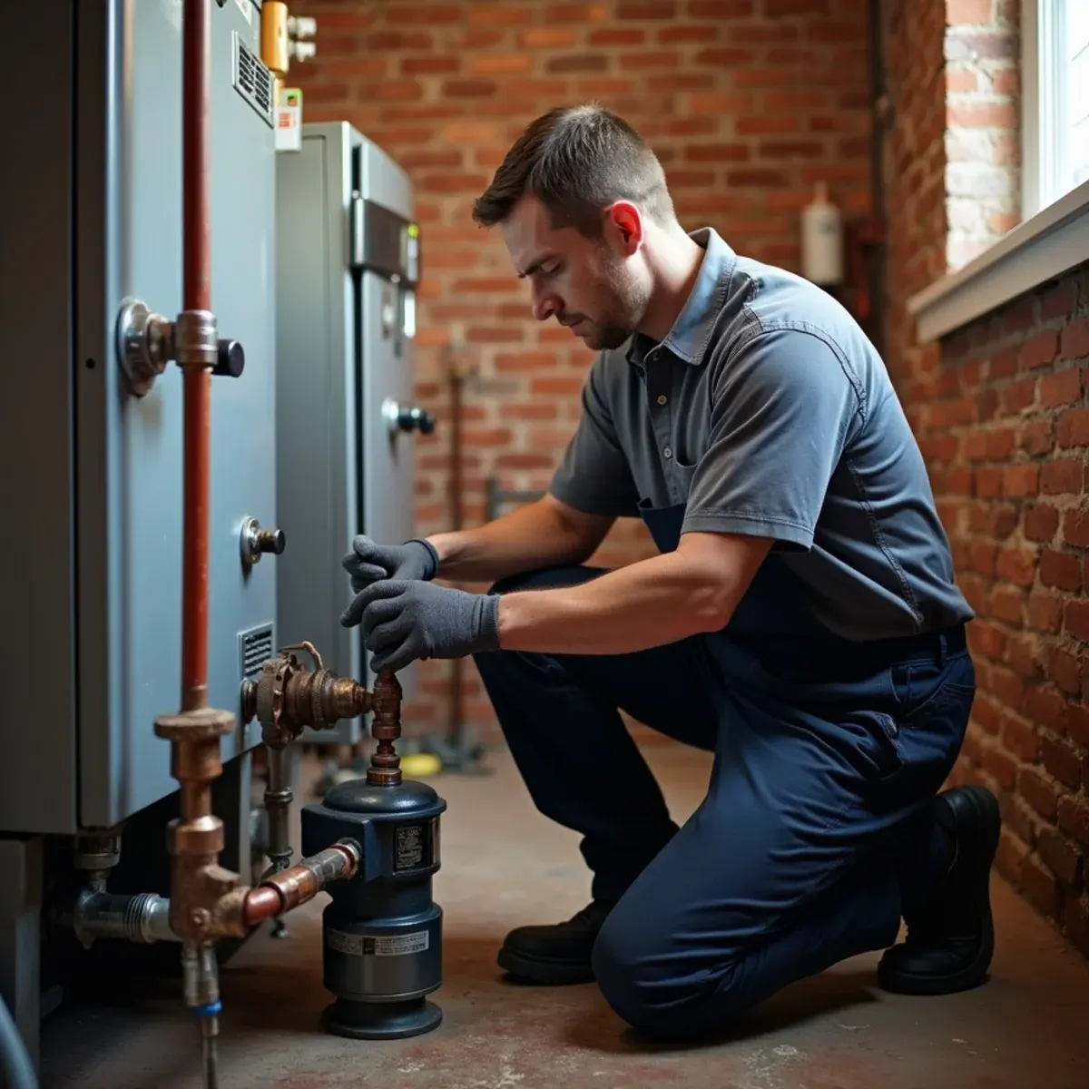 Technician replacing a circulator pump on a hot-water boiler in a Munhall basement