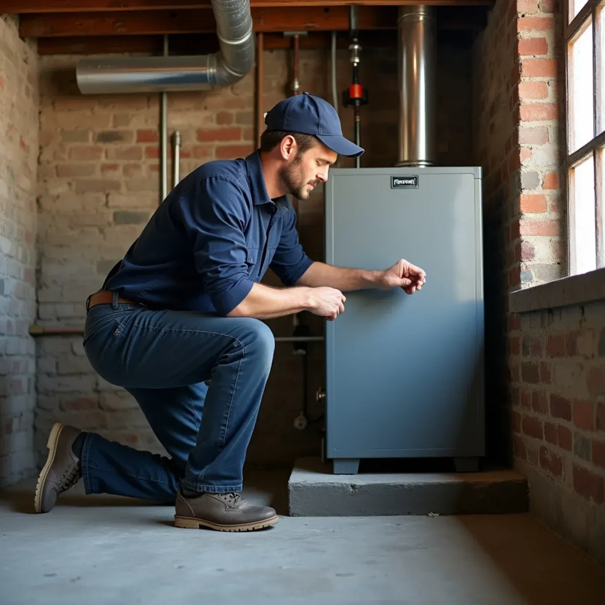 Technician setting a new boiler in the brick basement of an older Pittsburgh home