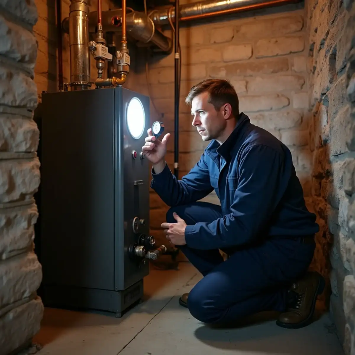 Boiler technician checking a cast iron steam boiler in the basement of a Pittsburgh rowhouse